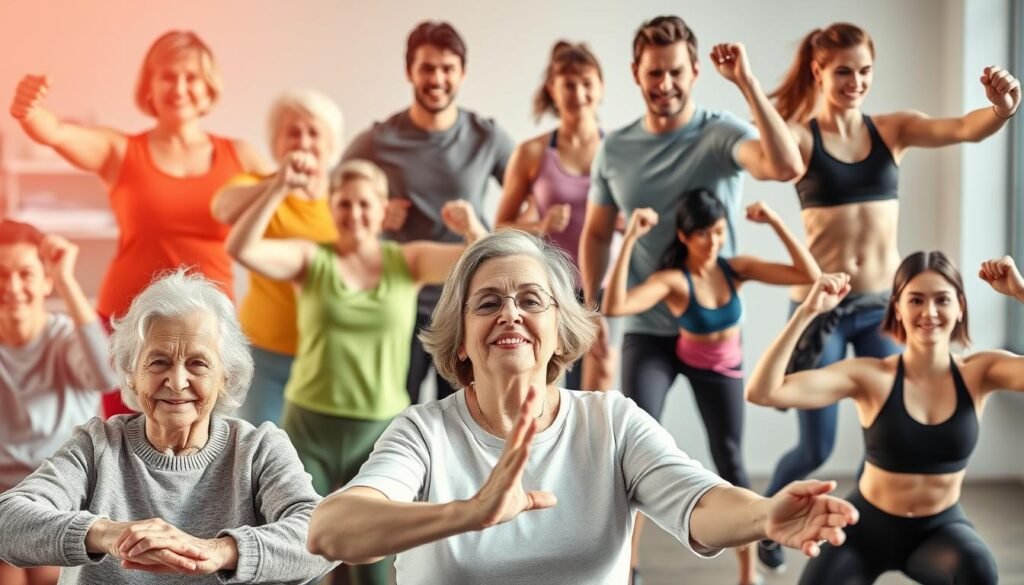 A vibrant collage showcasing diverse individuals of various ages engaged in a range of fitness activities. In the foreground, a group of elderly people performing gentle stretches and low-impact exercises, their faces radiant with a sense of well-being. In the middle ground, middle-aged adults participating in cardio workouts, their movements fluid and energetic. In the background, young adults and teenagers executing dynamic strength-training exercises, their muscles toned and limbs graceful. Soft, natural lighting filters through the scene, casting a warm, inviting glow. The composition captures the essence of lifelong fitness, emphasizing the importance of tailoring exercise routines to meet the unique needs and abilities of each age group, promoting longevity, physical health, and an active daily routine.