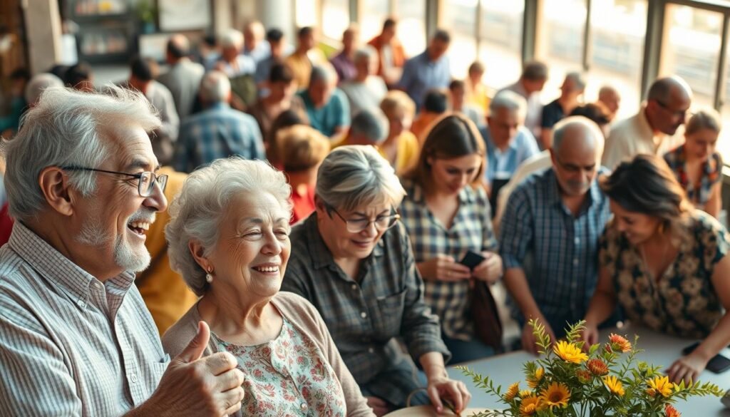 A vibrant, multi-generational scene depicting the essence of "longevidade produtiva". In the foreground, an elderly couple engaged in a lively discussion, their faces animated and their bodies language conveying a sense of purpose and vitality. In the middle ground, a group of adults of varying ages collaborating on a project, their expressions focused and determined. In the background, a diverse array of people of all ages going about their daily lives, showcasing the seamless integration of the young and the old. Warm, natural lighting bathes the scene, creating a sense of harmony and interconnectedness. The overall composition suggests a culture that values the contributions and experiences of all members of society, regardless of age.