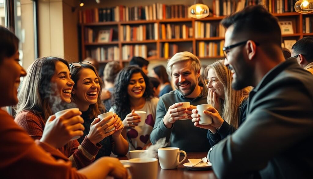 A vibrant social connection, people of diverse backgrounds gathered in a cozy, well-lit cafe. Warm lighting casts a gentle glow, setting an inviting atmosphere. In the foreground, friends laugh and converse animatedly over steaming mugs, their expressions radiating warmth and camaraderie. In the middle ground, others sip coffee and engage in lively discussions, their body language open and engaged. The background features a bookshelf-lined wall, hinting at intellectual discourse. An overall sense of harmonious interaction and fulfilling interpersonal bonds pervades the scene, reflecting the power of social connection to nourish the mind.