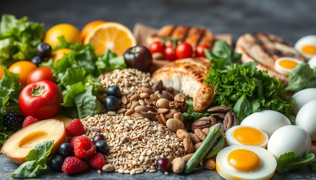A vibrant still life composition showcasing a variety of high-performance foods to support exercise and fitness. In the foreground, an array of fresh fruits and vegetables, including leafy greens, berries, and citrus, arranged in an aesthetically pleasing manner. In the middle ground, whole grains, nuts, and seeds, symbolizing complex carbohydrates and healthy fats. In the background, lean proteins such as grilled chicken, fish, and eggs, captured in a soft, natural lighting to emphasize their nutritional value. The overall scene conveys a sense of health, vitality, and the powerful synergy between diet and physical activity, perfectly suited to illustrate the section on "Foods that Enhance the Effects of Exercise".