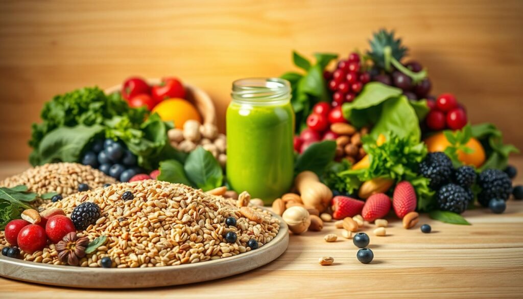 A vibrant still life depicting an assortment of nutrient-rich superfoods. In the foreground, a platter showcases a variety of whole grains, leafy greens, colorful berries, and nuts arranged in a visually appealing manner. The middle ground features a glass jar filled with a bright, vivid green smoothie or supplement, casting a soft, warm glow. In the background, a minimalist wooden table surface provides a natural, earthy backdrop, while soft, diffused lighting from an unseen source creates a serene, nourishing atmosphere. The overall composition conveys the idea of preventive nutrition, emphasizing the importance of a balanced, wholesome diet for longevity and active aging.
