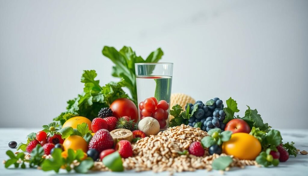 A vibrant still life showcasing the essence of healthy longevity. In the foreground, an assortment of fresh, colorful produce - leafy greens, vibrant berries, crisp vegetables, and wholesome grains. Delicate lighting illuminates the natural textures and hues, creating a sense of vitality and nourishment. In the middle ground, a glass of water reflects the scene, symbolizing the importance of hydration. The background features a minimalist, serene setting, allowing the healthful ingredients to take center stage. The overall composition exudes a sense of balance, simplicity, and the power of a nutritious lifestyle to support mental acuity and well-being in the later years.