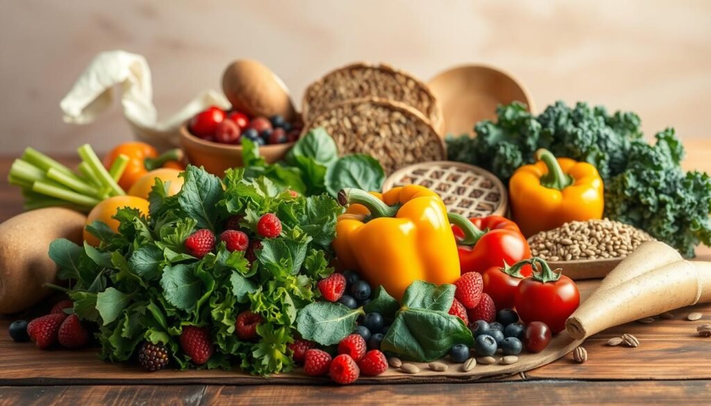 A visually balanced and harmonious still life depicting a selection of wholesome, nutrient-dense foods arranged on a rustic wooden table. In the foreground, a vibrant assortment of fresh fruits and vegetables, such as crisp leafy greens, juicy berries, and crunchy bell peppers, are carefully positioned. In the middle ground, artisanal whole grain breads, nuts, and seeds create a sense of nourishment and wholesomeness. The background features a simple, minimalist setting with warm, natural lighting, conveying a sense of serenity and mindfulness. The overall composition and color palette evoke a feeling of balance, vitality, and a healthful approach to eating.