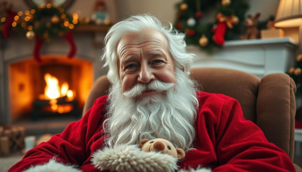 A warm, cozy scene of an elderly Santa Claus with a kind, grandfatherly expression. He sits in a comfortable armchair, adorned in his iconic red suit and fluffy white beard. The background is a softly lit living room, with a crackling fireplace casting a gentle glow. Toys and festive decorations add to the nostalgic, homely atmosphere. Soft, diffused lighting creates a sense of wonder and enchantment, evoking the timeless charm of childhood memories. The composition and camera angle convey a intimate, eye-level perspective, inviting the viewer to feel a sense of connection with this wizened, benevolent figure.