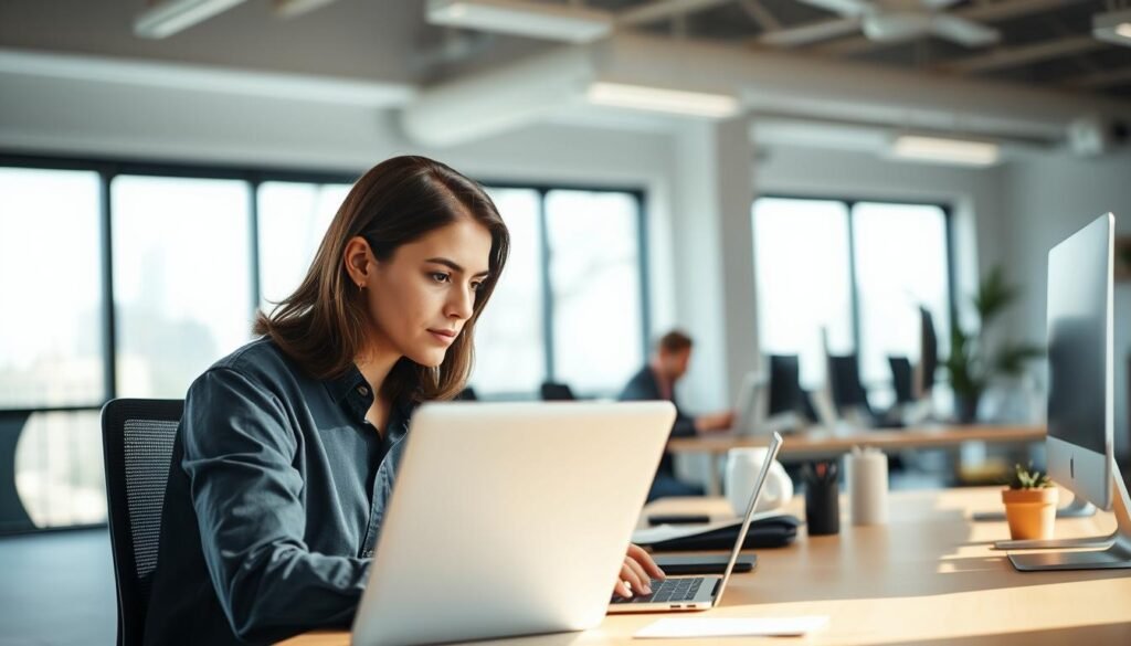 A well-lit, modern office space with an airy, minimalist aesthetic. In the foreground, a focused professional working intently on a laptop, their expression serene and determined. The middle ground features a neatly organized desk with ergonomic accessories, suggesting a productive and efficient work environment. In the background, expansive windows allow natural light to flood the room, creating a sense of openness and clarity. Warm, muted tones and clean lines evoke a calming, focused atmosphere conducive to positive thoughts and enhanced productivity.