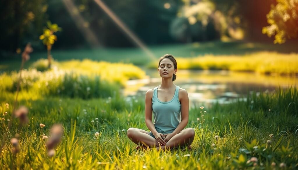Tranquil meadow, sunlight filtering through lush foliage, a serene pond reflecting the natural beauty. In the foreground, a person sits cross-legged, eyes closed, their expression calm and focused. Rays of warm light bathe the scene, creating a sense of inner peace and clarity. The background is softly blurred, minimizing distractions, allowing the viewer to be drawn into the moment of mindful awareness. Captured through a shallow depth of field, the image conveys a sense of intimate contemplation, inviting the observer to pause and find their own center of stillness in the midst of the surrounding tranquility.