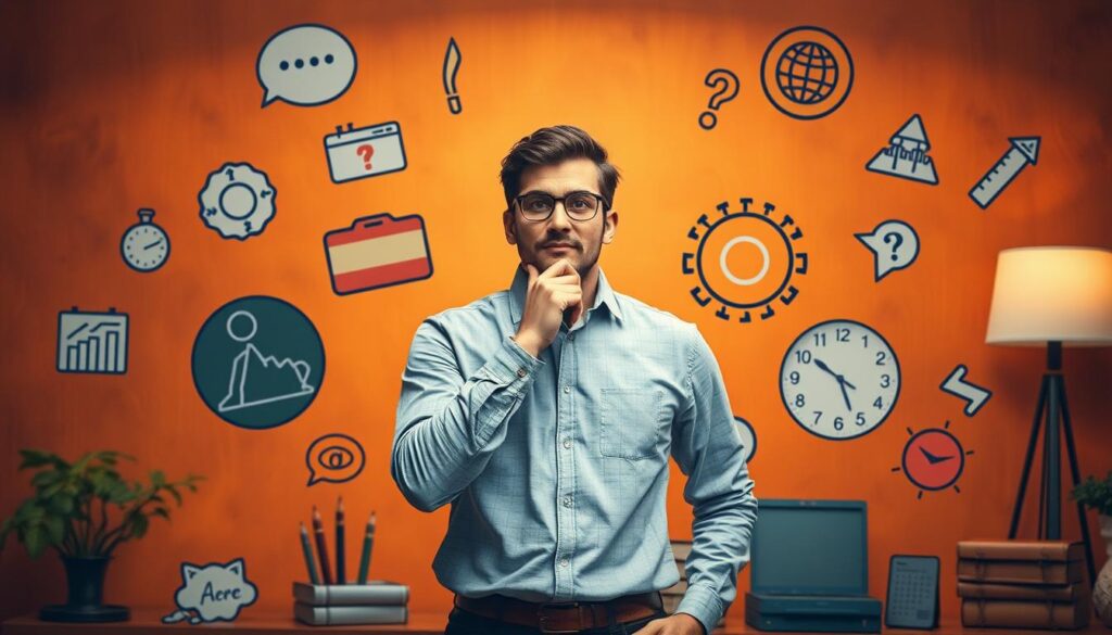 a photo of a person standing in a thoughtful pose, hand on chin, surrounded by various objects and symbols representing different themes or topics, set against a warm, softly lit background with a sense of depth and perspective, creating an atmosphere of contemplation and decision-making, with a focus on the central figure's expression and body language