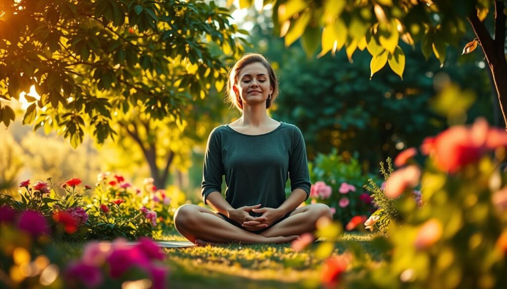 a serene and tranquil scene depicting the practice of gratitude, with a person sitting in a peaceful garden, surrounded by lush foliage and vibrant flowers. The person is seated in a meditative pose, eyes closed, hands resting gently in their lap, radiating a sense of inner calm and contentment. The background is softly lit, with warm, golden tones filtering through the leaves, creating a calming and reflective atmosphere. The composition is balanced and harmonious, with the person centered in the frame, emphasizing the importance of the practice of gratitude in finding inner balance and equilibrium.