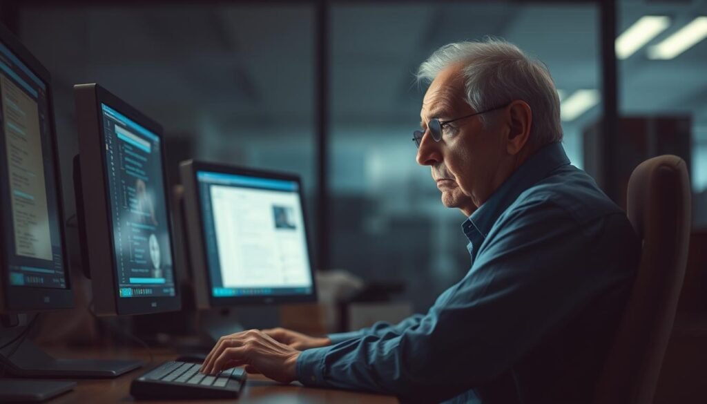 A dimly lit office space, with a elderly person sitting at a desk, struggling to navigate a complex computer interface. Outdated technology and unfamiliar software create a sense of frustration and isolation. The background is blurred, drawing the focus to the foreground, where the person's expression conveys the challenges of adapting to rapidly evolving digital landscapes. Soft, muted colors evoke the difficulties seniors face in embracing new technological barriers. The composition emphasizes the person's isolation, highlighting the need for more accessible and user-friendly solutions to bridge the digital divide.