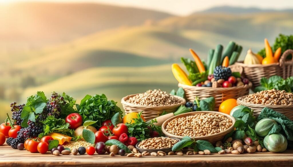 A lush, verdant still life scene showcasing an array of vibrant, nutrient-dense plant-based foods. In the foreground, a selection of colorful fruits and vegetables, such as leafy greens, vibrant berries, and crisp root vegetables, artfully arranged on a rustic wooden table. In the middle ground, a variety of whole grains, legumes, and nuts spill out from woven baskets, highlighting the diversity of plant-based protein sources. The background features a softly blurred landscape of rolling hills and a bright, warm sky, evoking a sense of natural abundance and well-being. The lighting is soft and diffused, casting a gentle glow on the scene and emphasizing the fresh, wholesome nature of the plant-based foods. Captured with a shallow depth of field, the image draws the viewer's attention to the nourishing, functional ingredients that are the focus of this plant-based dietary trend.