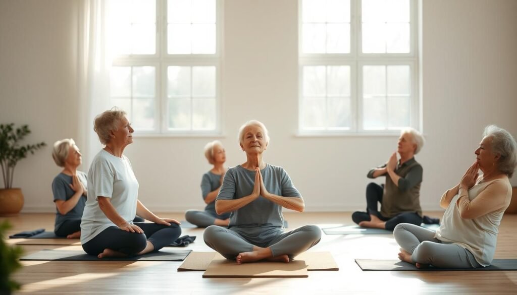 A peaceful, sun-lit studio setting with elderly individuals gracefully performing various yoga poses. Soft lighting illuminates their serene expressions as they move through gentle stretches and mindful breathing exercises. The composition features a mix of seated, standing, and reclined poses, highlighting the accessibility and adaptability of yoga for seniors. The background showcases a calming, natural environment with muted colors and minimal distractions, fostering a sense of tranquility and inner focus. The overall scene conveys the restorative and rejuvenating benefits of yoga for the elderly, promoting physical well-being, mental clarity, and a profound connection between mind and body.