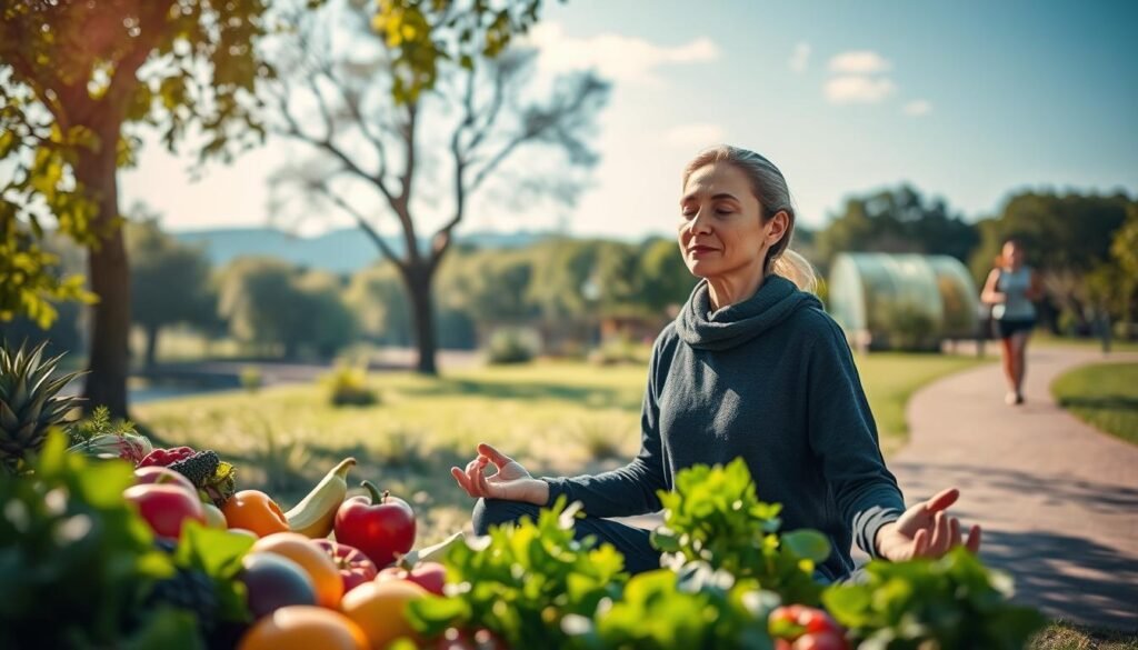 A serene and harmonious scene of healthy living habits unfolds, bathed in soft, natural lighting. In the foreground, a person is engaged in mindful meditation, their face radiating a sense of inner peace. Nearby, they are surrounded by an array of fresh, colorful produce - vibrant fruits, crisp vegetables, and lush leafy greens. In the middle ground, a person is seen jogging along a picturesque trail, their stride conveying a sense of vitality and energy. The background features a tranquil, tree-lined setting, with a clear blue sky overhead, evoking a feeling of balance and well-being. The overall atmosphere is one of serenity, wellness, and a harmonious integration of mind, body, and environment.