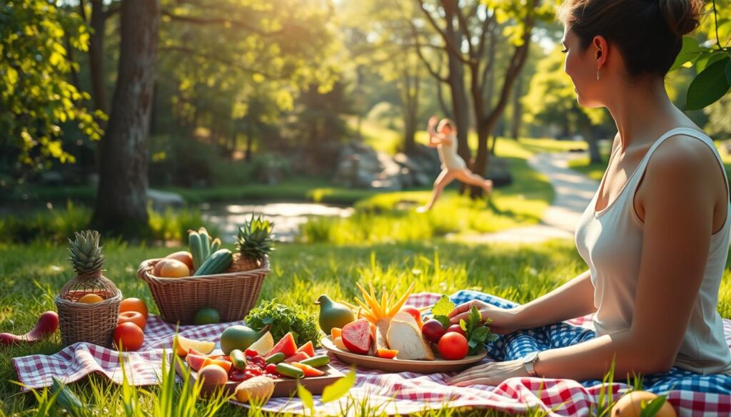 A serene and vibrant outdoor scene showcasing healthy lifestyle habits. In the foreground, a person enjoying a wholesome meal of fresh fruits, vegetables, and lean proteins on a picnic blanket. The middle ground features a person engaged in gentle yoga or tai chi movements, surrounded by lush greenery and a tranquil pond. In the background, a winding path leads to a sun-dappled forest, symbolizing the rejuvenating power of nature. Soft, natural lighting casts a warm, inviting glow, and the composition is balanced and harmonious, conveying a sense of wellness, mindfulness, and a connection to the natural world.