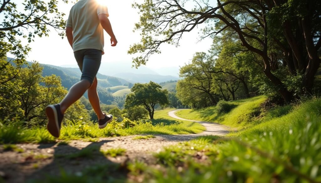 A serene outdoor scene depicting the "técnica de caminhada intervalada" - a Japanese walking technique. In the foreground, a person walking with purpose, their steps in sync with the rhythm of their breathing. The middle ground shows a picturesque trail winding through a lush, verdant landscape, sunlight filtering gently through the canopy of trees. In the background, rolling hills and a clear sky, conveying a sense of tranquility and connection with nature. The image is captured with a wide-angle lens, emphasizing the expansive, calming atmosphere. Soft, diffused lighting creates a warm, meditative mood, inviting the viewer to lose themselves in the mindful practice of this Japanese walking method.