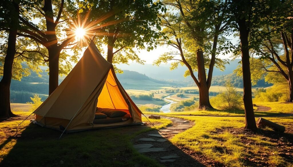 A serene outdoor scene with a cozy, rustic tent nestled in a lush forest clearing. Warm, golden sunlight filters through the verdant canopy, casting a soft glow on the tent's weathered fabric. In the foreground, a winding path leads toward the tent, inviting the viewer to step inside and discover the tranquil haven within. The background features a picturesque landscape of rolling hills, with a babbling brook in the distance, conveying a sense of peaceful isolation and connection to nature. The overall atmosphere evokes a feeling of comfort, relaxation, and a renewed sense of purpose for the senior camper.