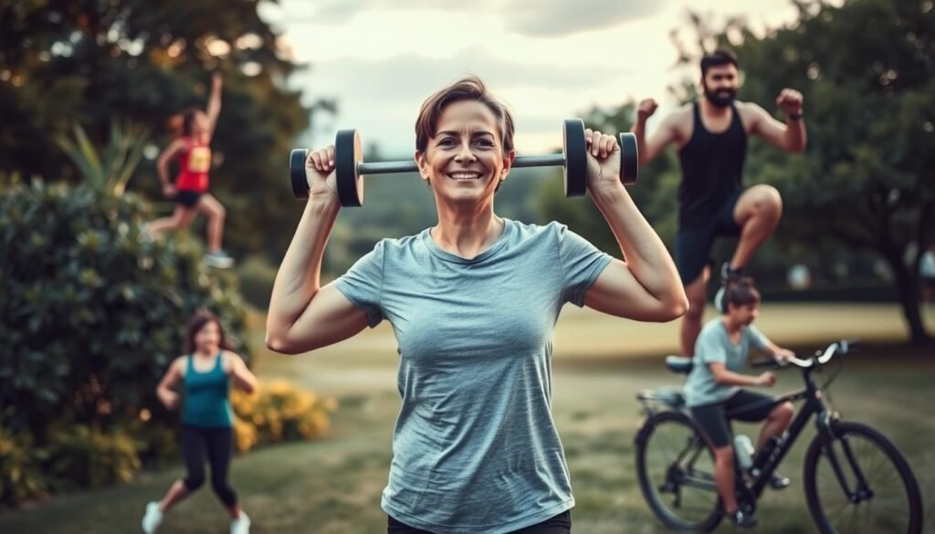 A serene outdoor setting with a person engaged in a variety of physical activities, from running and yoga to weightlifting and cycling, all set against a backdrop of lush greenery and a calming sky. The person's face exudes a sense of contentment and inner peace, reflecting the positive mental and emotional benefits of the exercise. Soft, natural lighting bathes the scene, creating a warm, inviting atmosphere that encourages the viewer to feel the rejuvenating effects of physical activity on the mind and body.