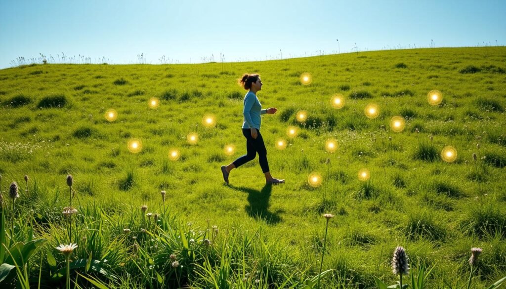 A serene, sun-dappled meadow, lush with verdant grasses and wildflowers in bloom, serves as the idyllic backdrop for a vibrant display of the health benefits associated with the Japanese walking practice. In the foreground, a figure strides confidently, their silhouette casting a long shadow that symbolizes the transformative power of this mindful activity. Scattered throughout the scene, glowing orbs of light emanate from various points, representing the positive energy, enhanced well-being, and elevated mood that walking can inspire. The overall composition evokes a sense of harmony, tranquility, and the profound connection between physical movement and inner peace.