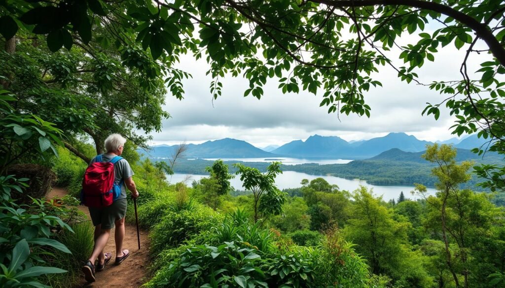 A serene wilderness scene, with a senior couple exploring the lush green foliage of an ecotourism destination. In the foreground, they carefully navigate a winding trail, taking in the vibrant colors and varied textures of the surrounding flora. The middle ground reveals a picturesque lake, its calm waters reflecting the the cloudy sky above. In the distance, rugged mountains rise, their peaks shrouded in mist, creating a sense of tranquility and discovery. Soft, diffused lighting filters through the canopy, casting a warm, natural glow over the scene. The composition emphasizes the harmony between the hikers and their natural surroundings, capturing the cognitive stimulation and mental rejuvenation that ecotourism can provide for senior adventurers.