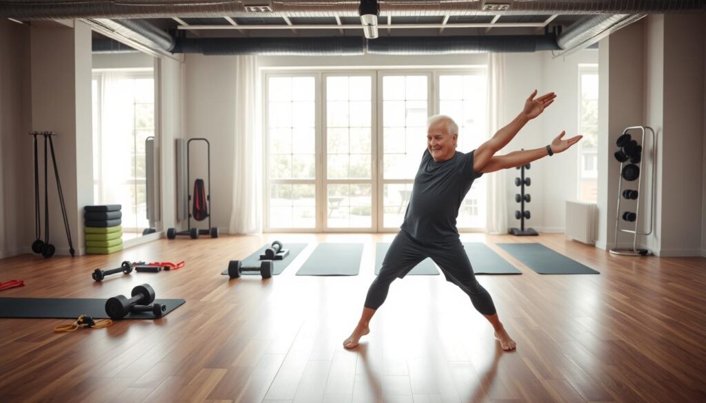 A spacious, well-lit studio setting with a polished hardwood floor. In the foreground, a mature adult performs a series of dynamic stretches, their limbs flowing in graceful motions that convey strength and flexibility. The middle ground features an array of fitness equipment - yoga mats, resistance bands, and free weights - arranged in a harmonious, organized manner. The background showcases floor-to-ceiling windows, allowing natural light to flood the space and create a sense of openness and serenity. The overall atmosphere is one of focused, purposeful movement, where the subject's dedication to longevity-enhancing exercises is palpable.