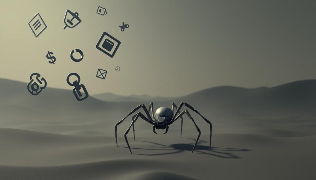 A surreal, minimalist illustration of "Erros de SEO" (SEO Errors). In the foreground, distorted digital glyphs and symbols representing common SEO mistakes, such as keyword stuffing, duplicate content, and poor site structure, float in an ethereal, hazy space. The middle ground features a stylized, low-polygon 3D model of a search engine spider, its mechanical limbs tangled in a web of faulty links and metadata. The background is a subdued, gradient-based landscape, conveying a sense of digital entropy and the consequences of neglecting search engine optimization. Dramatic backlighting casts dramatic shadows, while a muted color palette evokes a somber, cautionary tone. The overall composition suggests the complex, interconnected nature of SEO, and the need for a thoughtful, strategic approach.