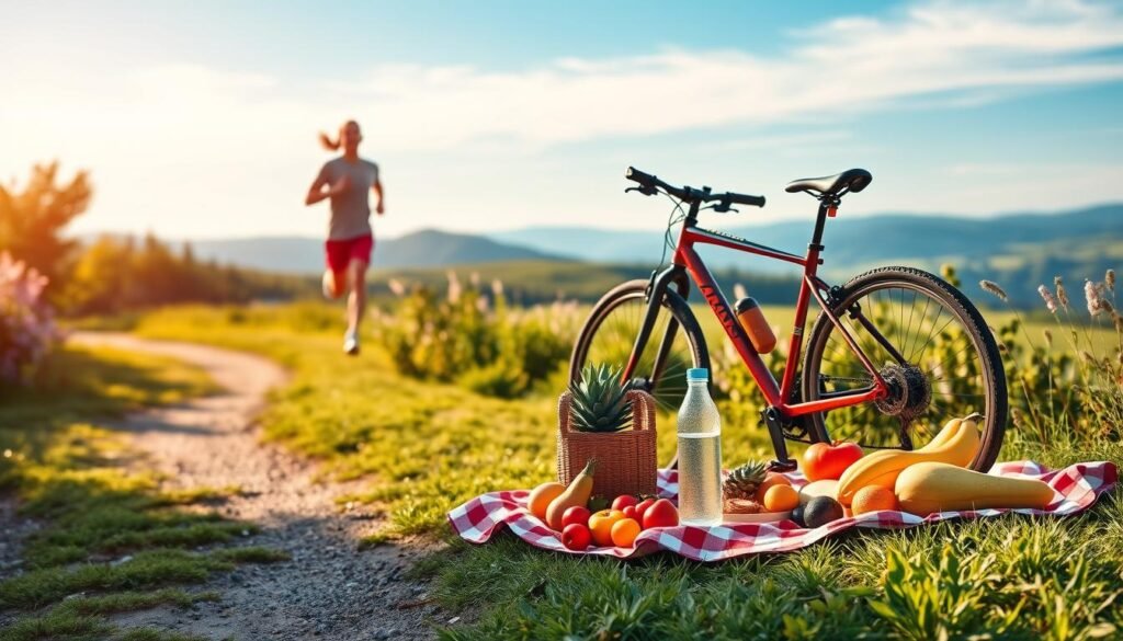 A vibrant and serene outdoor scene showcasing the harmony between physical activity and healthy eating. In the foreground, a person jogs along a winding path flanked by lush greenery and blooming flowers. In the middle ground, a bicycle stands next to a picnic blanket where fresh fruits, vegetables, and a water bottle are artfully arranged. The background features a scenic vista of rolling hills and a clear blue sky, bathed in warm, natural lighting. The overall atmosphere conveys a sense of balance, wellness, and a healthy, active lifestyle.