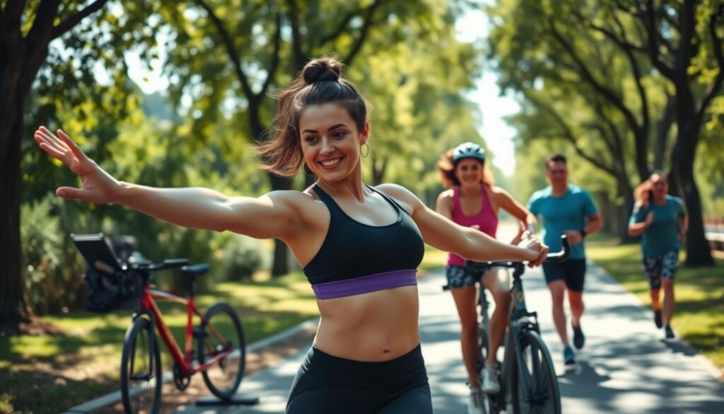 A vibrant, energetic scene of a person engaged in a varied fitness routine. In the foreground, a woman in athletic wear performs dynamic stretches, her body fluid and graceful. Behind her, a middle-aged man on a stationary bicycle pedals with determined focus, sweat glistening on his brow. In the background, a group of friends jog together along a tree-lined path, their footsteps in sync. Natural daylight filters through the scene, casting a warm, motivating glow. The overall atmosphere conveys a sense of discipline, community, and the pursuit of holistic well-being.