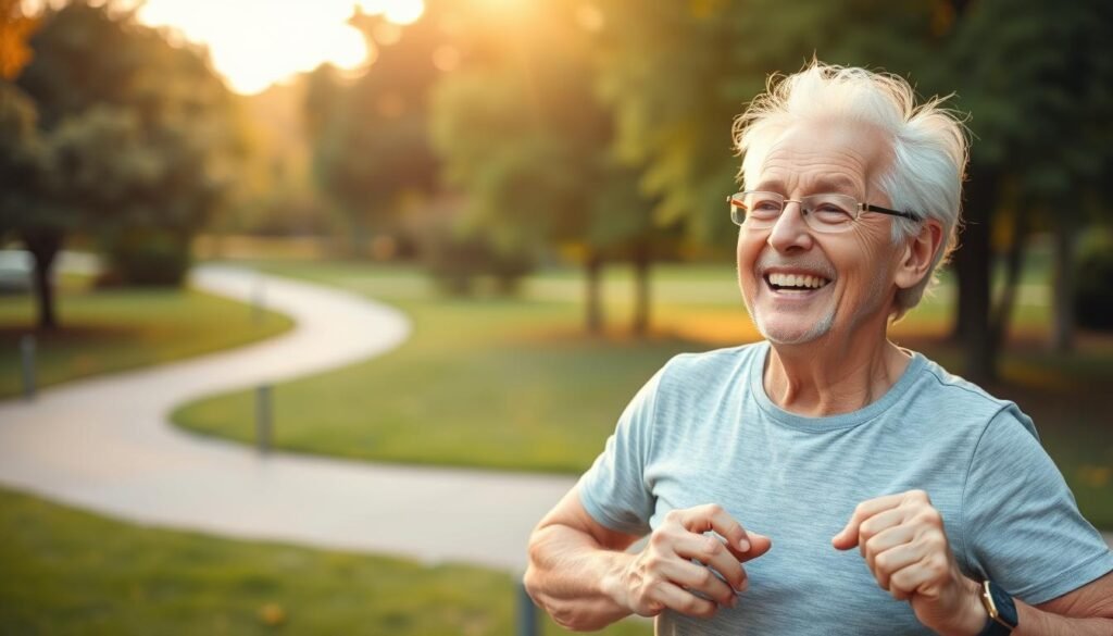 A vibrant, high-resolution image showcasing the importance of physical activity for longevity. In the foreground, a fit, active older adult engages in a rejuvenating exercise routine, their face radiating vitality and joy. The middle ground features a serene, park-like setting with lush greenery and a winding path, inviting viewers to join in the pursuit of a healthy, long life. The background subtly depicts the passage of time, with a warm, golden glow signifying the wisdom and experience gained through an active lifestyle. Soft, directional lighting accentuates the subject's energy and the overall sense of wellness, conveying the message that physical activity is a key to unlocking a productive, vibrant longevity.