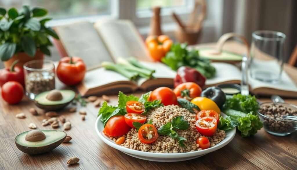 A vibrant still life capturing a healthy meal plan, centered on a wooden table. In the foreground, a plate showcases a balanced arrangement of fresh produce - crisp leafy greens, juicy tomatoes, crunchy bell peppers, and hearty grains. Surrounding the plate, an assortment of whole-food ingredients in earthy tones - avocado, nuts, seeds, and a glass of water - hint at the nutritional richness. The middle ground features a vintage cookbook open to a recipe page, evoking the idea of mindful meal preparation. Soft, natural lighting filters through the window, creating a warm, inviting atmosphere that conveys the benefits of wholesome eating habits for improved productivity.