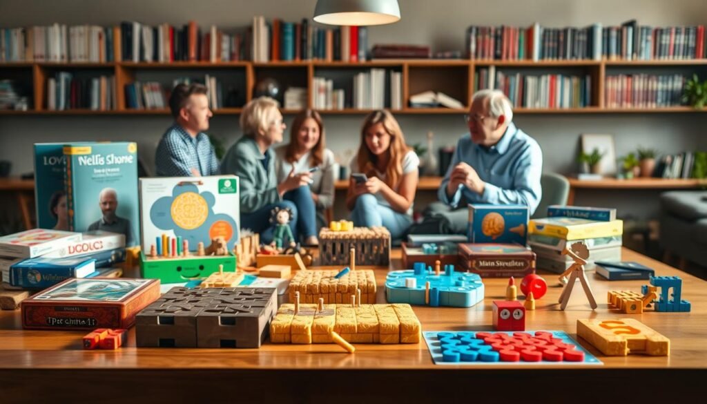 A vibrant, thought-provoking scene showcasing an array of brain-stimulating games and activities. In the foreground, an assortment of classic tabletop puzzles, strategy board games, and interactive logic challenges are arranged on a polished wooden surface, illuminated by soft, natural lighting. In the middle ground, a group of people of diverse ages and backgrounds are engaged in lively discussions and collaborative problem-solving, their faces alight with concentration and intellectual curiosity. The background features a serene, minimalist workspace, with bookshelves filled with titles on cognitive development, neuroscience, and personal growth, hinting at the depth of knowledge and resources available to support and enrich the mind-stimulating experience. An atmosphere of intellectual stimulation, social interaction, and personal growth pervades the scene, inviting the viewer to engage and explore the endless possibilities for nourishing the brain.