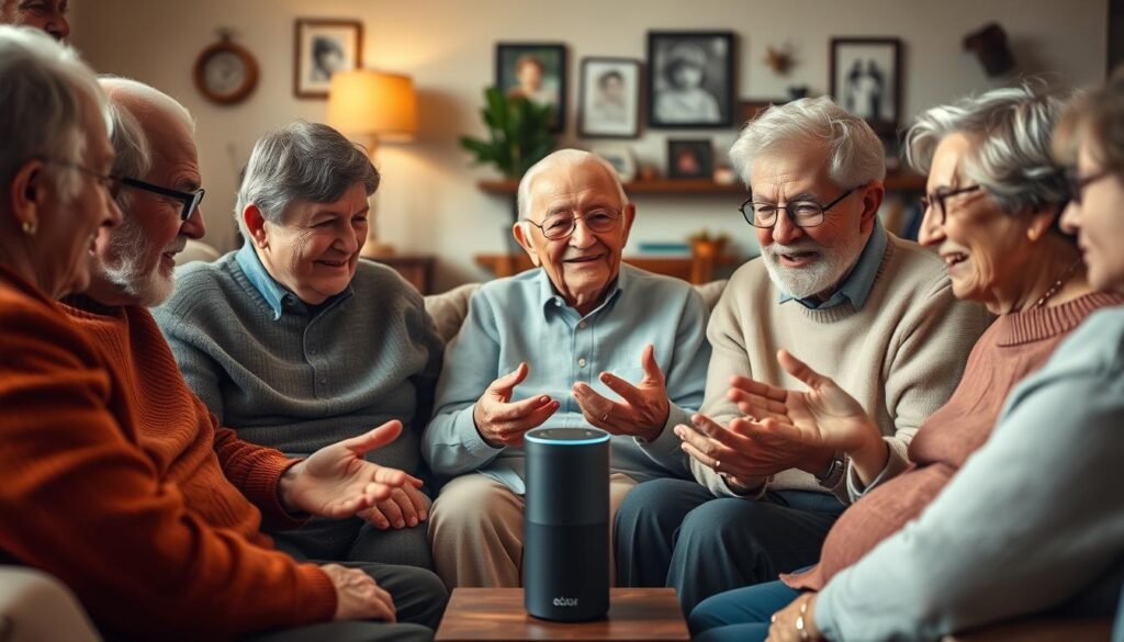 A warm, inspiring scene of elderly people sharing heartfelt stories with an Alexa device. The foreground features a diverse group of seniors - men and women, sitting comfortably in a cozy living room, gesturing animatedly as they recount their experiences. Soft, natural lighting illuminates their faces, conveying a sense of contentment and connection. In the middle ground, the Alexa device sits prominently, symbolizing the technology's role in facilitating these meaningful exchanges. The background depicts a welcoming, homely environment, with hints of family photographs and personal mementos, reinforcing the notion of a supportive, intergenerational setting. The overall mood is one of profound warmth, wisdom, and the power of technology to combat loneliness and enrich the lives of the elderly.