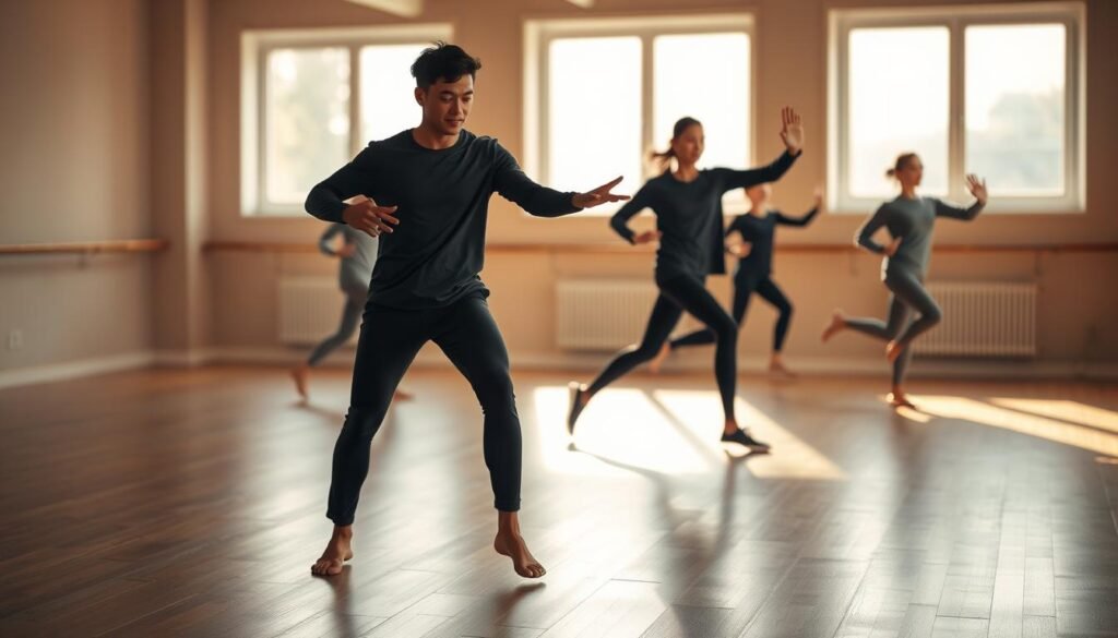 A well-lit, dynamic scene depicting a person performing a series of coordinated exercises and balance-focused movements. The foreground shows the individual with a focused expression, effortlessly transitioning through a sequence of controlled steps, jumps, and balancing poses. The middle ground features a clean, minimalist exercise studio setting with wooden floors and neutral-toned walls, creating a calming, distraction-free environment. The background subtly blurs, emphasizing the subject's fluid, graceful motions. Warm, natural lighting from large windows casts a soft glow, accentuating the person's form and the overall sense of harmony and mindfulness. The scene conveys a sense of mental and physical discipline, with the exercises promoting coordination, focus, and holistic well-being.