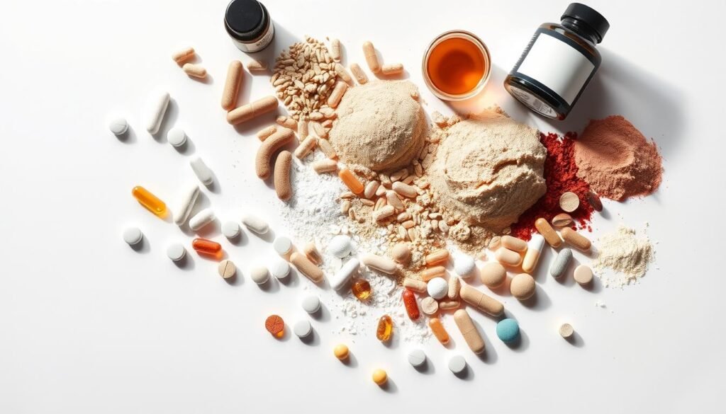 A well-lit, high-quality photograph of an assortment of health supplements laid out on a clean, minimalist white backdrop. The supplements should include a variety of tablets, capsules, and powders in different shapes, sizes, and colors, neatly arranged to showcase their diversity. The lighting should be soft and even, casting gentle shadows to accentuate the textures and shapes of the products. The image should convey a sense of professionalism, quality, and attention to detail, reflecting the importance of proper supplementation for a healthy, active lifestyle.