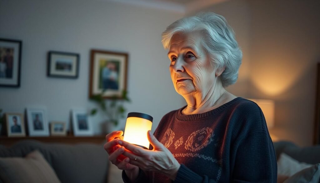 An elderly woman, Alexa, stands in a cozy living room, her face lit by the warm glow of the Amazon Echo device in her hand. She looks contemplative, her expression conveying a sense of connection and comfort as she interacts with the virtual assistant. The room is bathed in soft, diffused lighting, creating an intimate and inviting atmosphere. In the background, subtle details like family photos and a potted plant suggest a lived-in, personal space. The composition emphasizes Alexa's engagement with the technology, highlighting how it provides companionship and alleviates her solitude.