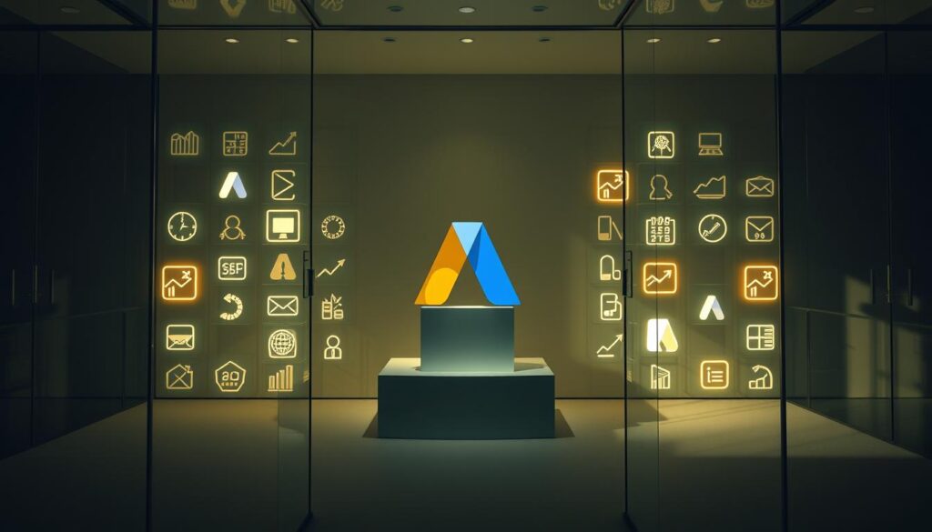 An elegant glass display filled with glowing AdWords icons, reflecting a sleek and professional ambiance. The foreground showcases a central AdWords logo, surrounded by smaller icons of various Google Ads features like keywords, bids, and analytics, all aglow with a soft, warm light. The middle ground features a minimalist, modern desk or podium, casting long shadows and creating depth. The background is a subtle, neutral color scheme, allowing the AdWords elements to take center stage, conveying a sense of importance and technical expertise. Dramatic side lighting accentuates the three-dimensional nature of the display, creating a sense of depth and dimension. The overall mood is one of sophistication, innovation, and the power of digital advertising.