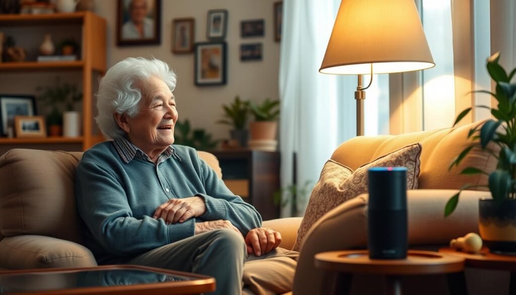 Inspirational stories of vibrant senior citizens interacting with Alexa, their digital companion. In a warm, well-lit living room, an elderly person sits comfortably in a plush armchair, engaged in a lively conversation with the Alexa device on a side table. The room is filled with personal mementos, plants, and soft lighting, creating a cozy, inviting atmosphere. The senior's face is expressive, reflecting curiosity and joy as they exchange ideas with the intelligent assistant. The scene captures the empowering potential of voice-controlled technology to enrich the daily lives of the elderly, fostering independence, social connection, and a sense of belonging.