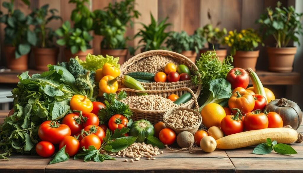 A bountiful still life of fresh, organic produce arranged on a rustic wooden table. In the foreground, a vibrant assortment of vegetables and fruits, including leafy greens, tomatoes, peppers, and citrus. The middle ground features a woven basket overflowing with whole grains, legumes, and nuts. Behind, a lush backdrop of potted herbs and plants, illuminated by warm, natural lighting that casts a soft, inviting glow. The scene exudes a sense of nourishment, vitality, and balance, embodying the essence of conscious and nutritious eating.