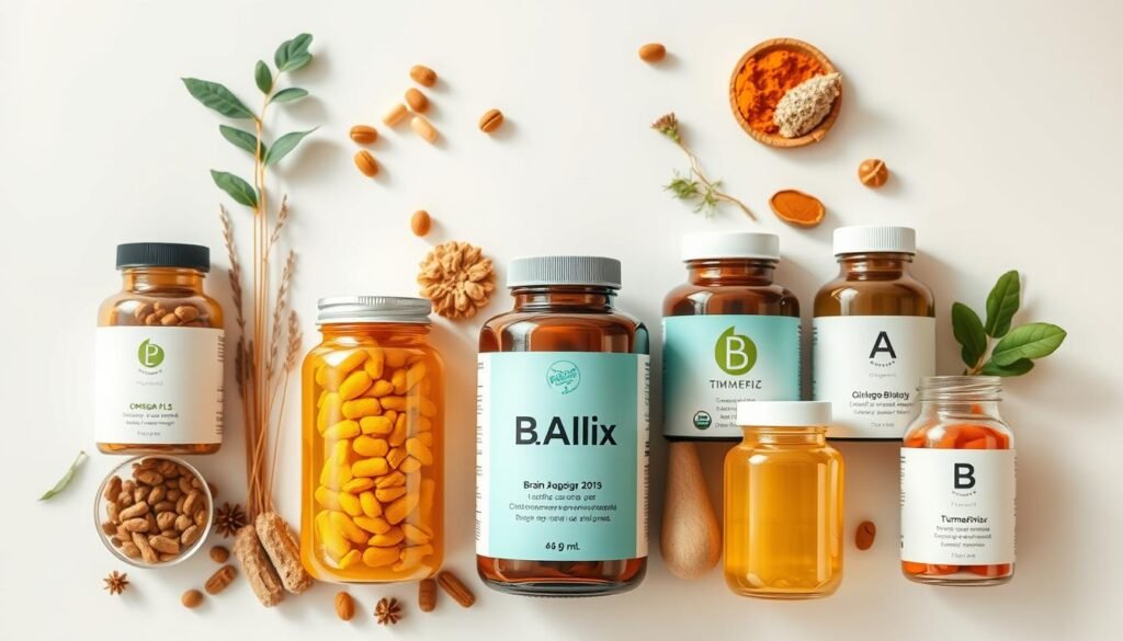 A brightly lit, overhead view of an assortment of natural, organic brain-boosting supplements arranged on a clean, minimalist white surface. Sleek glass jars and bottles containing herbs, vitamins, and minerals such as omega-3 fish oils, ginkgo biloba, turmeric, and B-complex stand in a well-organized display. The lighting is soft and warm, emphasizing the purity and effectiveness of these holistic cognitive enhancers. The background is subtly blurred, keeping the focus on the carefully curated selection of premium nutritional products designed to support and nourish a healthy, high-performing brain.