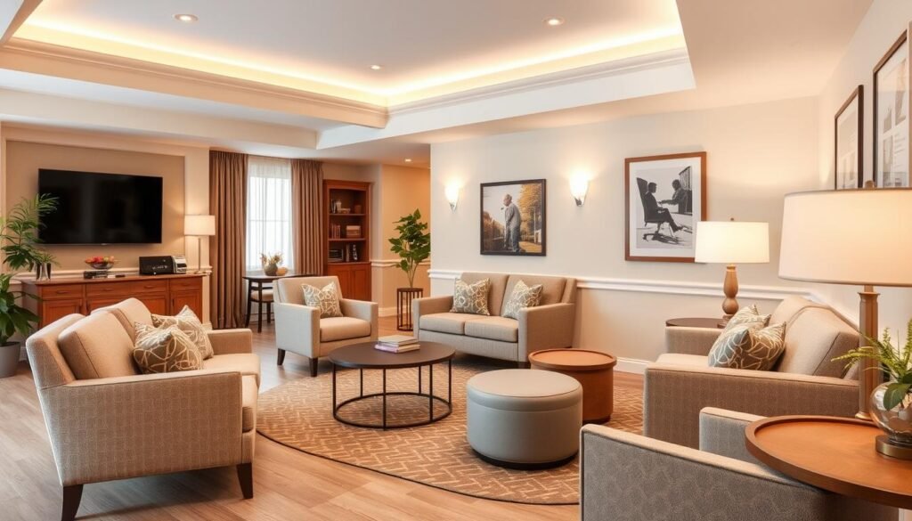 A cozy and functional living room designed for senior residents, featuring plush seating, warm lighting, and a soothing color palette. The space emphasizes accessibility, with wide pathways, ergonomic furniture, and tactile accents that cater to the needs of older adults. A harmonious blend of modern and traditional elements creates a welcoming ambiance, fostering a sense of comfort and security. Soft textures, gentle curves, and thoughtful placements of assistive features seamlessly integrate to provide a safe and comfortable environment for seniors to enjoy their golden years.
