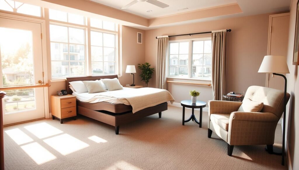 A cozy and well-appointed senior bedroom, bathed in warm, natural lighting from large windows. The space features a comfortable, adjustable bed with supportive mattress and pillows, along with ergonomic nightstands and task lighting. A plush armchair and side table create a relaxing reading nook. The floors are covered in soft, non-slip carpeting, and the walls display soothing, muted tones. Discreet handrails and mobility aids are seamlessly integrated, ensuring the room is both functional and aesthetically pleasing. Overall, the space conveys a sense of ease, comfort, and dignity for the senior resident.