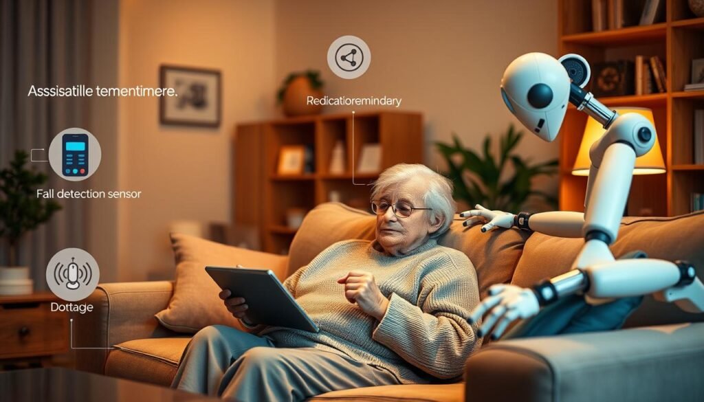 A cozy living room with an elderly person comfortably using a tablet device, surrounded by assistive technology like a voice-controlled smart home system, a fall detection sensor, and a robotic arm providing medication reminders. Warm lighting illuminates the scene, creating a welcoming and functional environment. The image conveys a sense of independence, comfort, and care for the senior's well-being through the integration of innovative, user-friendly technologies.