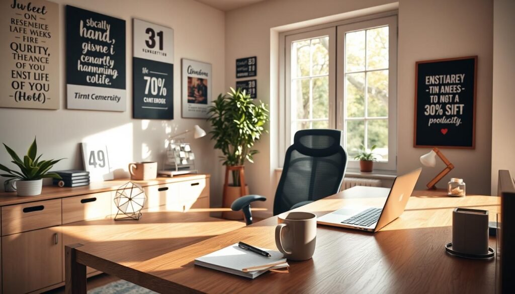 A cozy, well-lit home office with a large wooden desk, a comfortable ergonomic chair, and a variety of productivity-enhancing items like a potted plant, a geometric desk organizer, and a sleek laptop. The walls are adorned with inspirational quotes and visuals related to productivity and time management. Soft natural lighting filters in through a large window, creating a warm and inviting atmosphere. On the desk, a notebook and pen sit alongside a mug of steaming coffee, hinting at the productivity-focused tasks being undertaken. The overall scene conveys a sense of focus, organization, and a balanced approach to work-life harmony.