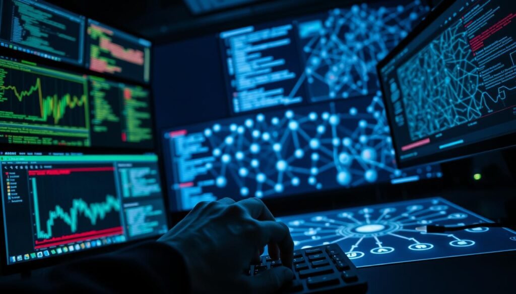 A dimly lit cybersecurity command center, illuminated by the glow of multiple monitors displaying graphs, code, and security dashboards. In the foreground, a hand hovers over a keyboard, ready to execute vital digital safeguards. The middle ground features a network diagram, outlining the interconnected digital landscape with nodes representing devices, servers, and cloud services. In the background, a complex algorithm visualizes the flow of data, highlighting potential vulnerabilities and threats. The scene conveys a sense of urgency and vigilance, as the user proactively safeguards digital assets against emerging cyber risks.