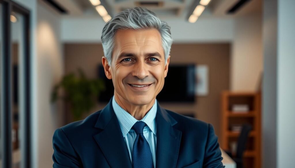 A distinguished-looking man with salt-and-pepper hair and a warm, friendly expression, Dr. João Furlan stands against a backdrop of modern office decor. He is dressed in a crisp, navy blue suit and tie, conveying a sense of professionalism and authority. The lighting is soft and flattering, casting a subtle glow on his face and highlighting his thoughtful gaze. The scene is framed in a medium shot, allowing the viewer to focus on his engaging presence while hinting at the technological tools and innovations that enhance his work. An air of expertise and innovation surrounds him, reflecting his contributions to the field of longevity and productivity.