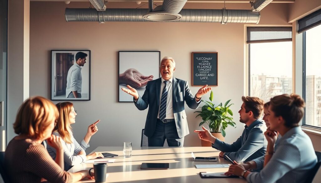 A dynamic office setting, with a senior executive standing at the head of a conference table, delivering a passionate and engaging presentation. Warm, natural lighting filters in through large windows, casting a soft glow on the scene. The executive's posture is upright and confident, hands gesturing expressively as they motivate a team of attentive, nodding colleagues. Inspirational wall art and motivational quotes adorn the neutral-toned walls, reinforcing the theme of career longevity and personal drive. The overall atmosphere is one of positivity, collaboration, and a shared sense of purpose.