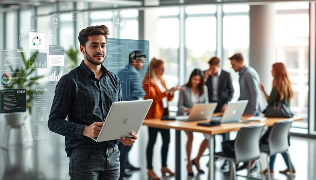 A dynamic scene of continuous professional development and growth. In the foreground, an individual stands confidently, laptop in hand, surrounded by a swirl of data visualizations, coding windows, and digital tools. The middle ground features a diverse team collaborating, engaged in lively discussions and brainstorming sessions, their faces alight with purpose. In the background, a sleek, modern office space with floor-to-ceiling windows, allowing natural light to pour in and create a sense of openness and possibility. The overall atmosphere conveys a harmonious blend of individual ambition, collaborative synergy, and a steadfast commitment to lifelong learning and career advancement.