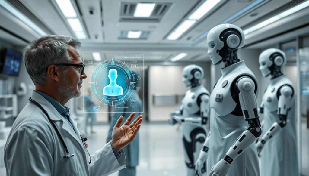 A futuristic scene depicting the integration of artificial intelligence in the healthcare sector. In the foreground, a physician consults a holographic display showcasing real-time patient data and AI-powered diagnostic insights. In the middle ground, robotic assistants collaborate with medical staff, performing tasks with precision and efficiency. The background features a sleek, modern hospital setting with advanced medical equipment and technology seamlessly integrated throughout. The scene conveys a sense of innovation, enhanced patient care, and the transformative power of AI in the pursuit of improved health and longevity.