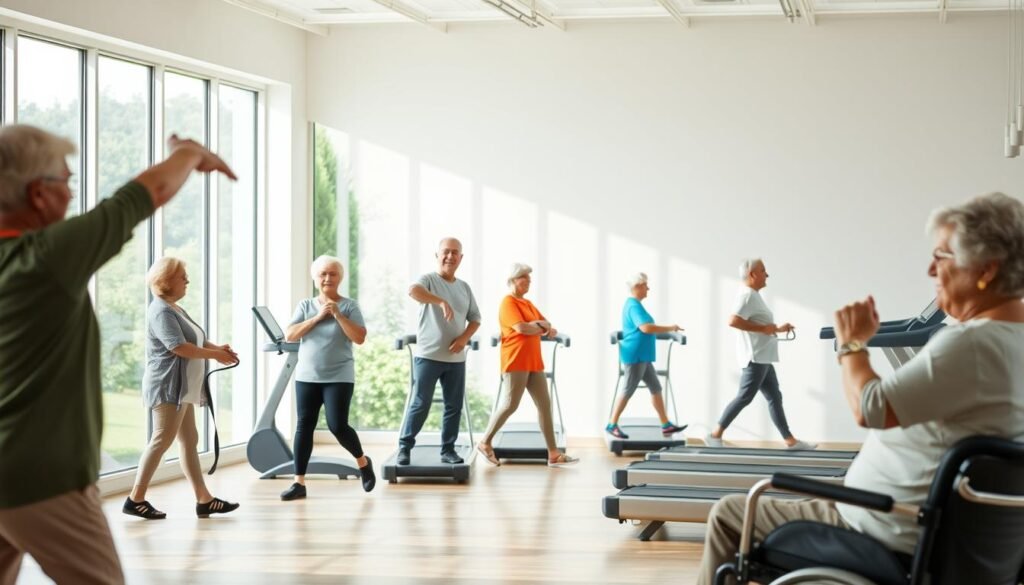A group of elderly individuals engaged in a variety of low-impact exercise routines in a bright, airy studio. The foreground depicts seniors performing gentle stretches, light weight training, and chair-based exercises under the watchful guidance of a qualified instructor. The middle ground showcases seniors walking on treadmills and using resistance bands, while the background features a serene, nature-inspired setting with large windows overlooking a lush, verdant landscape. The lighting is soft and diffused, creating a warm, inviting atmosphere that promotes a sense of well-being and rejuvenation. The overall scene conveys the importance of maintaining physical and cognitive health in the golden years through appropriate, tailored exercise programs.