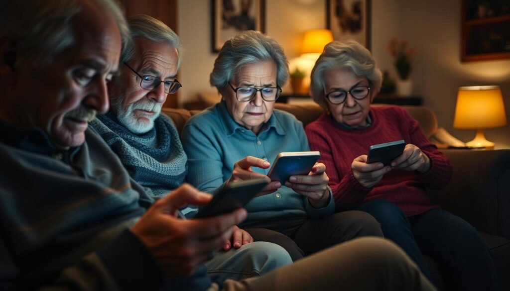 A group of elderly people sitting together, deeply engaged with their digital devices. The foreground shows their weathered but focused faces, illuminated by the soft glow of their screens. The middle ground depicts their hands deftly manipulating smartphones and tablets, a testament to their technological prowess. The background showcases a cozy, inviting living room setting, with warm lighting and comfortable furnishings, creating a sense of familiarity and security. The overall mood is one of concentration, connectivity, and the seamless integration of technology into the lives of this generation. Captured with a shallow depth of field, the image conveys a sense of intimacy and the importance of maintaining meaningful connections in the digital age.