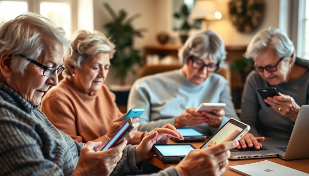 A group of elderly people using various digital devices, such as smartphones, tablets, and laptops, in a warm, welcoming environment. The foreground depicts the seniors engaging with technology, their faces illuminated by the glow of the screens, exuding a sense of curiosity and concentration. The middle ground showcases the array of devices they are using, each tailored to their individual needs and comfort levels. The background is a cozy, well-lit interior, perhaps a community center or a retirement home, with soft lighting and natural elements that create a soothing, inclusive atmosphere. The scene conveys the idea of digital empowerment and the active participation of the elderly in the technological landscape.