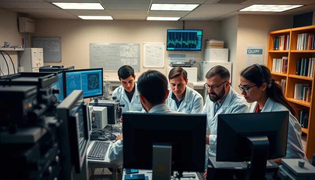 A high-tech laboratory setting, with a focal point on a group of scientists intently studying sleep patterns and brain waves. The foreground features a team of researchers from Stanford and Harvard, their expressions intense as they analyze data on computer screens and huddle over scientific instruments. The middle ground showcases cutting-edge sleep monitoring equipment, EEG machines, and other sophisticated tools. In the background, a warm, soft-lit ambiance sets the tone, with bookshelves, whiteboards, and an air of intellectual curiosity. The lighting is balanced, highlighting the researchers' faces and the technical apparatus. The composition draws the viewer's eye towards the collaborative effort, conveying the importance and gravity of the scientific endeavor.
